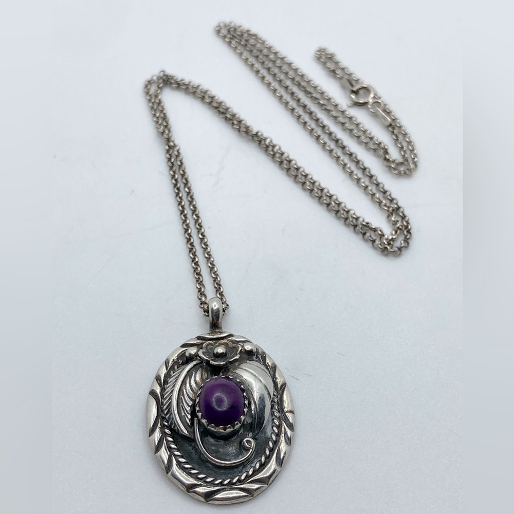 Vtg Navajo Sterling Silver Purple Mojave Mohave Stone Floral Necklace 22” +1.4”